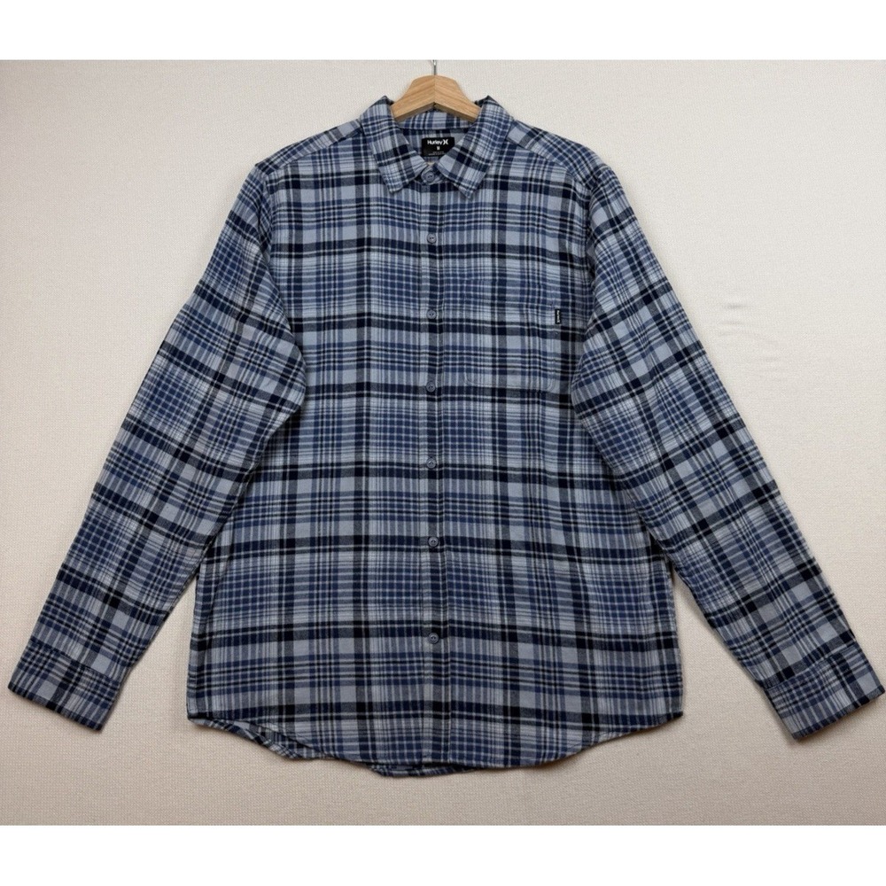 Hurley Flannel Men's Long Sleeve Blue Plaid Shirt Size M 100% Cotton Minimalist